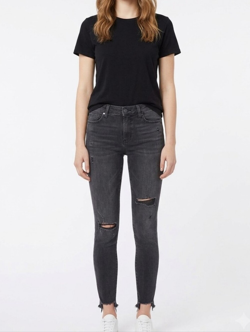 Paige Hoxton Ankle High Rise Skinny Jeans Black Distressed Raw Hem Size 26 Pant